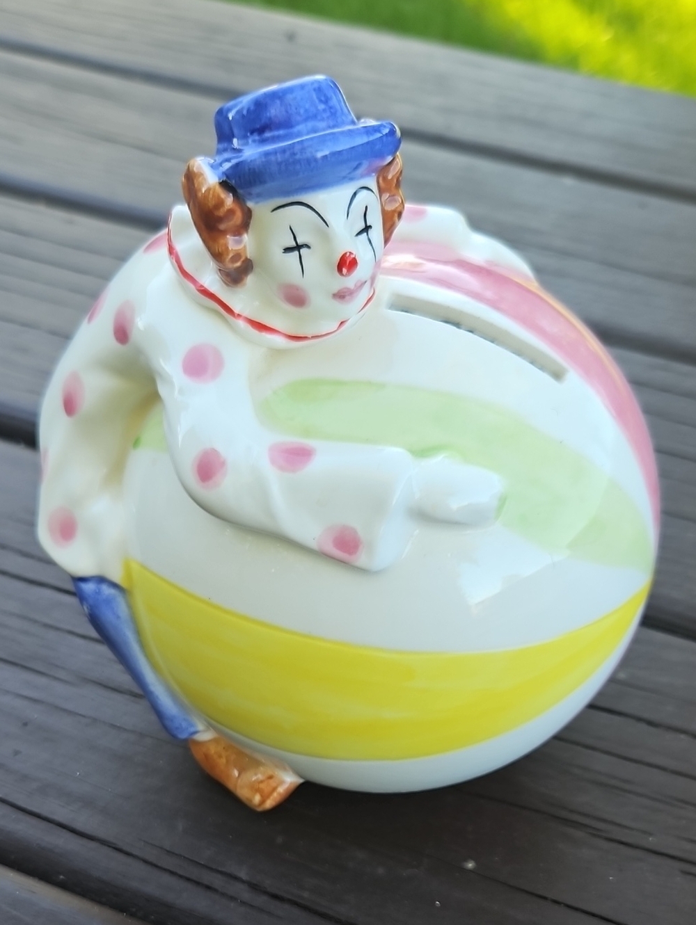 VTG Ceramic Clown Money Bank in White, Blue, Yellow & Pink